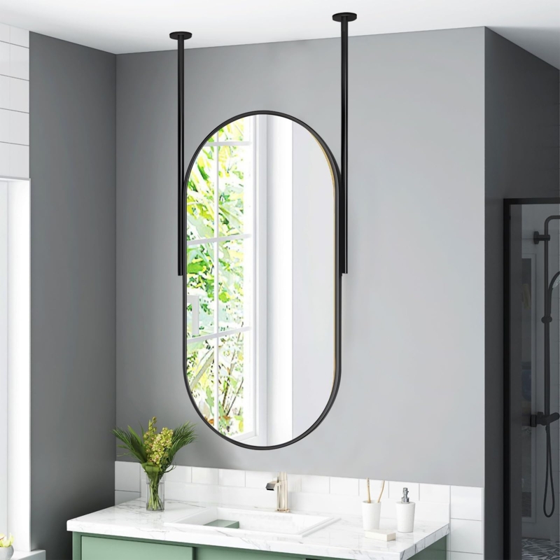 Accent Mirror Oval Ceiling Mount Boom Black Metal Hanging Vanity Rod