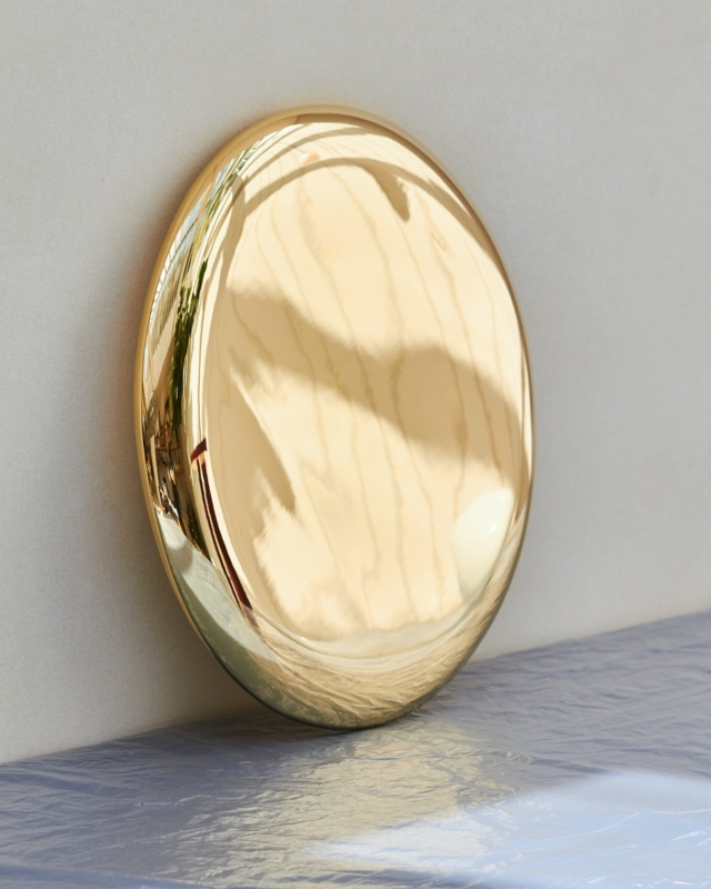 Accent Mirror Polished Brass Finish Circular Pedestal Base Minimalist Frame