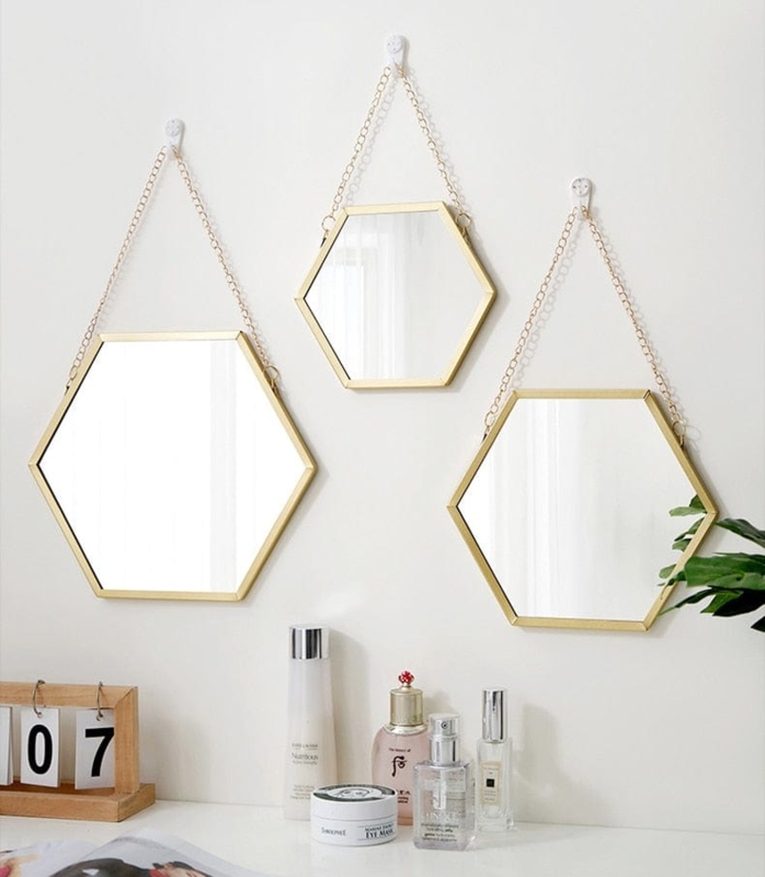 Accent Mirror: Polished Gold Hexagon Frame with Metal Hanging Chain