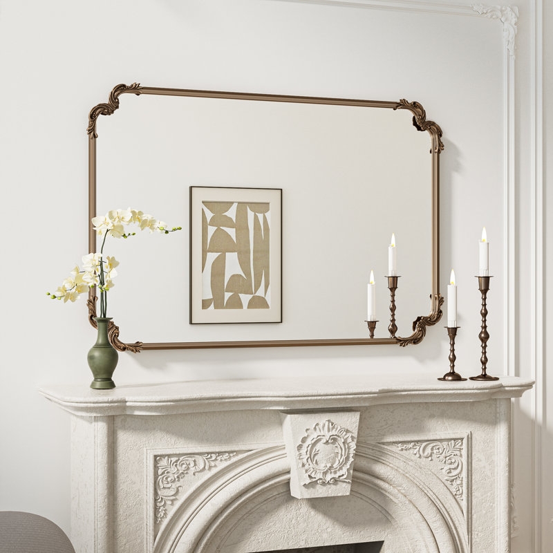 Accent Mirror Rectangular Ornate Pediment Top Antique Gold Scrollwork