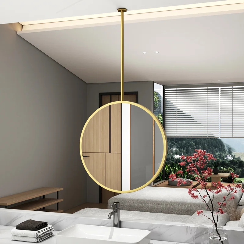 Accent Mirror Round Ceiling Mounted Pole Double Sided Black Matte
