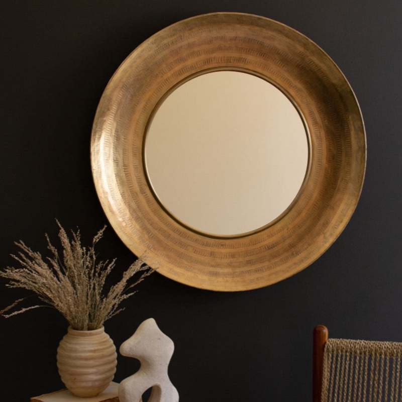 Accent Mirror Round Silhouette Hammered Texture Antique Brass Finish