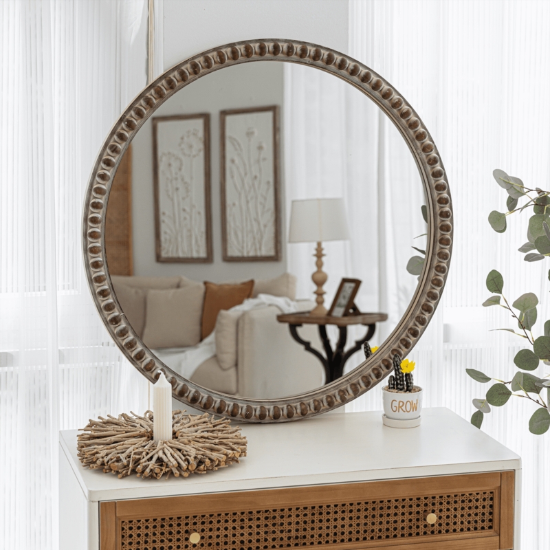 Accent Mirror Round Silhouette Heavily Distressed Chunky Wood Frame