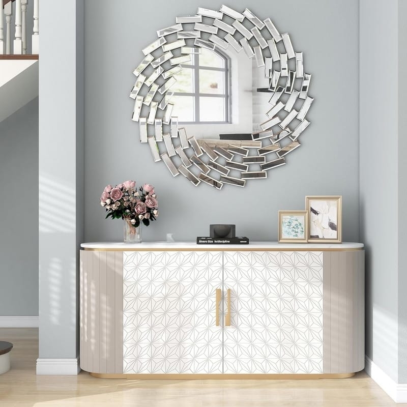 Accent Mirror Silver Sunburst Faceted Frame Geometric Modern Glam