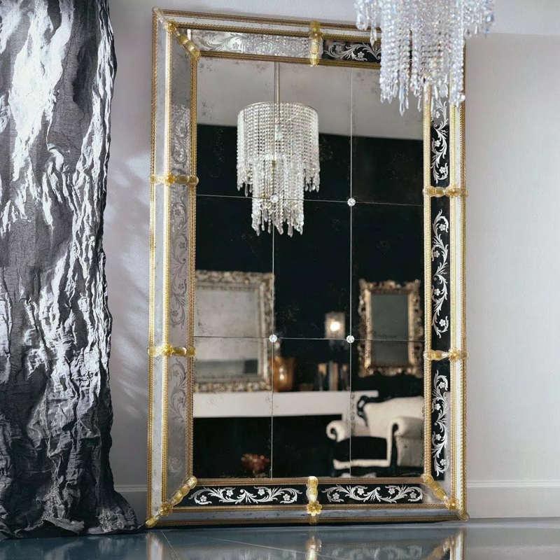 Accent Mirror Venetian Arched Crown Decorative Pediment Murano Glass Etched