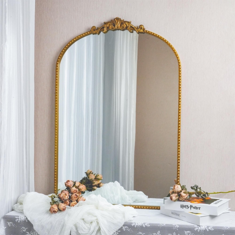 Accent Mirror: Vintage Antique Gold Filigree Accents Arched Leaning