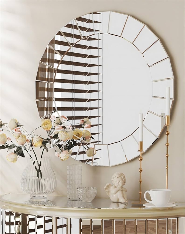 Accent Mirror with Crystal Sunburst Frame, Glam Silver Decor