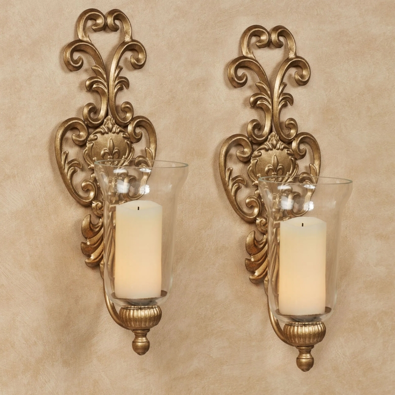 Aged Gold Wall Sconces, Traditional Leaf Scrollwork and Glass Hurricanes