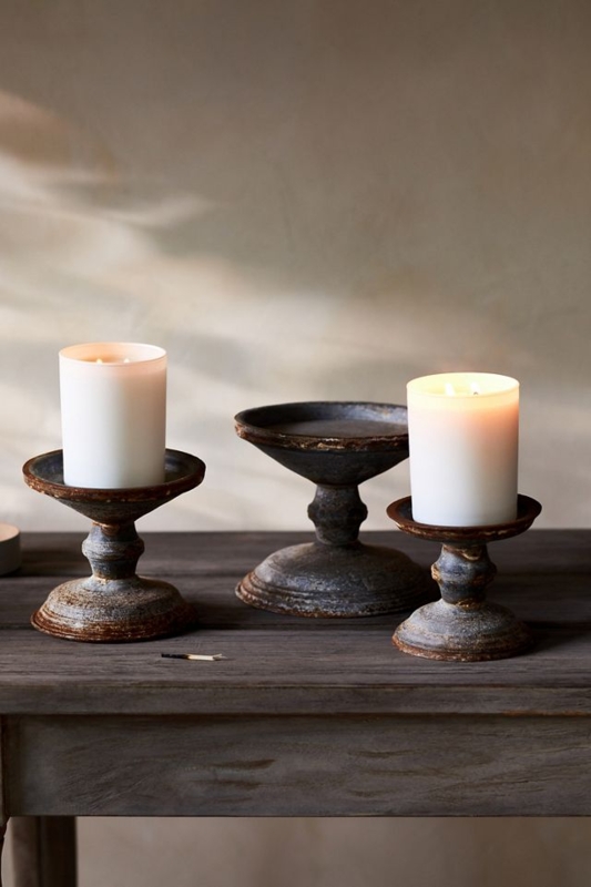 Aged Iron Pillar Candle Holder: Oversized Ring Handle, Low Profile