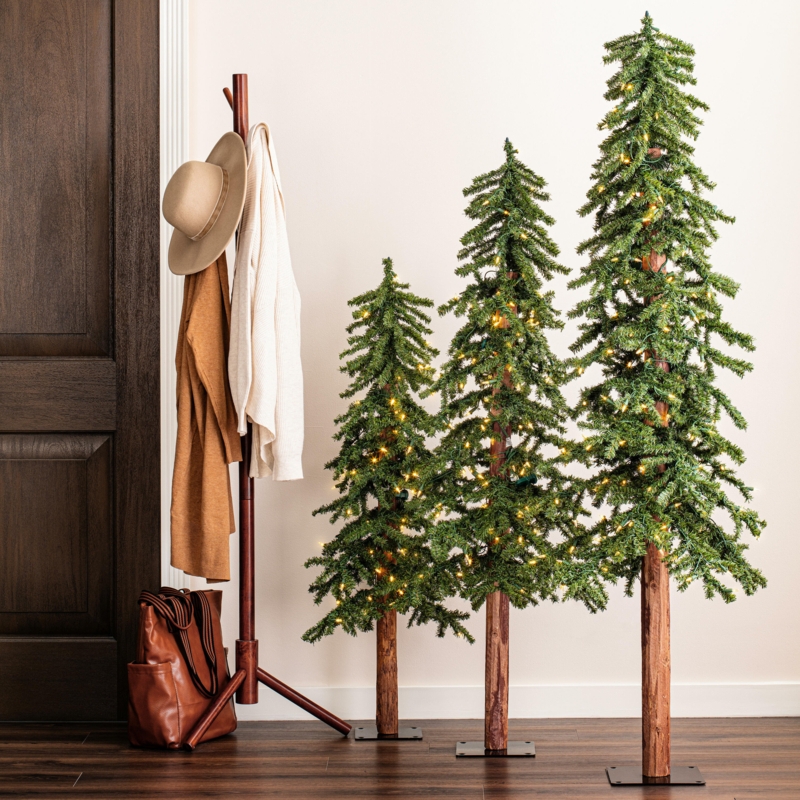Alpine Christmas Tree Set: Natural Bark Trunks and Warm LED Lights.