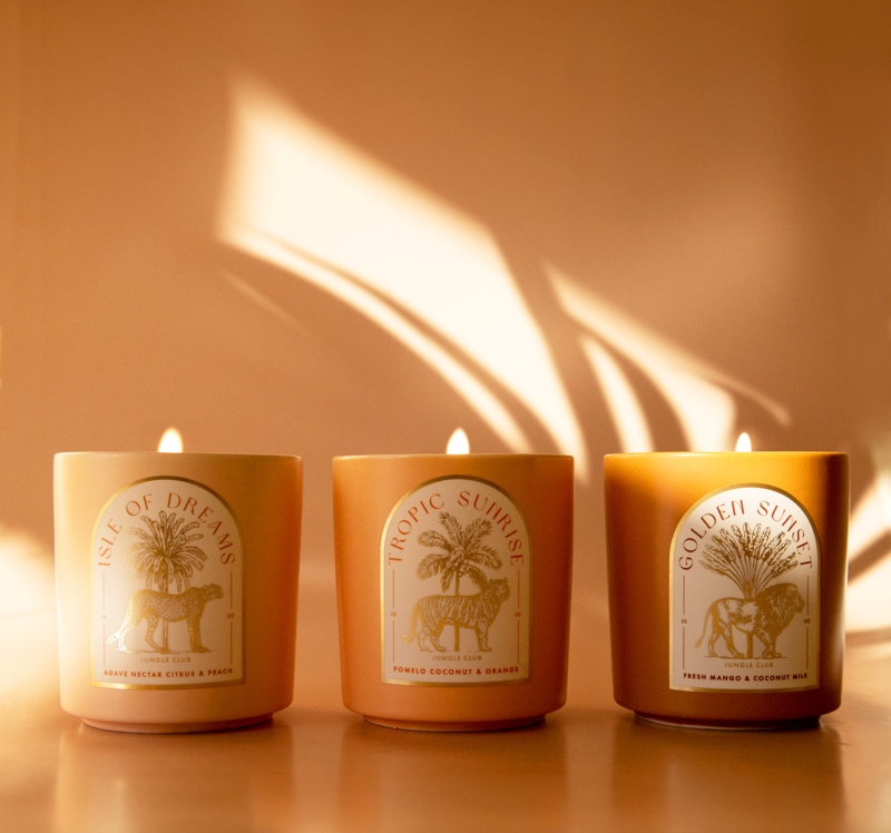 Amber Glass Jar Candle Gold Metallic Lid Botanical Illustration