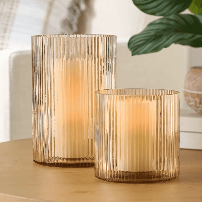 Amber Glass Ribbed Candle Holder Cylindrical Mid Century Modern