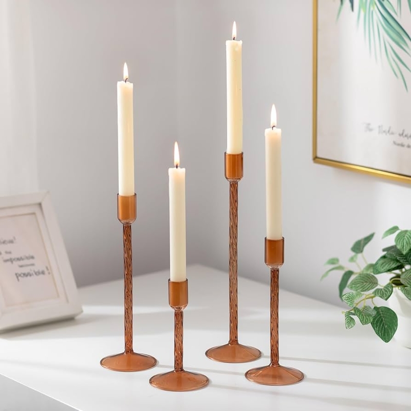 Amber Glass Taper Candle Holder Set with Ribbed Globular Base for Boho Style.
