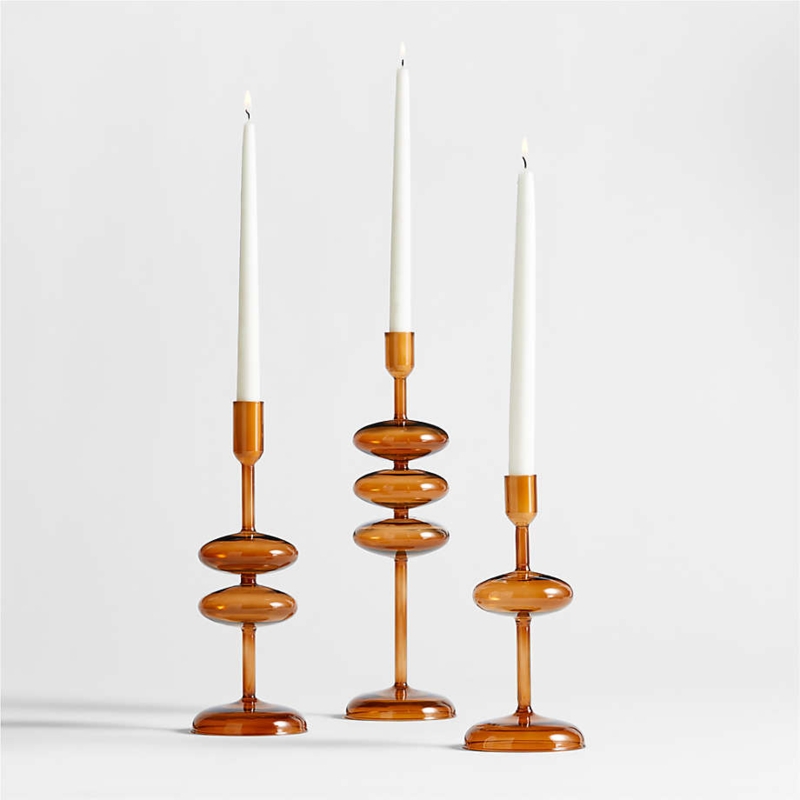 Amber Glass Taper Candle Holder Set with Ribbed Surface for Tabletop.