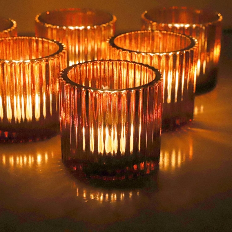 Amber Glass Votive Candle Holder Set with Ribbed Texture for Centerpiece.