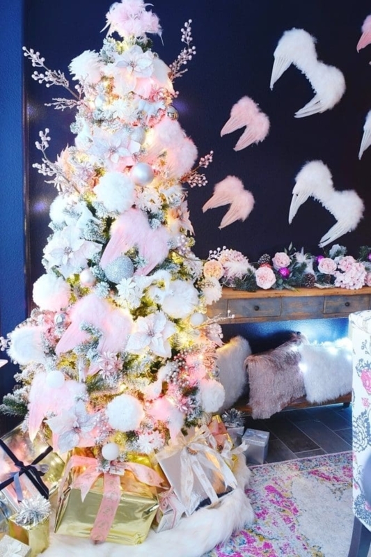 Angelic Glam Christmas Tree Decor featuring a Faux Fur Skirt and Feather Theme
