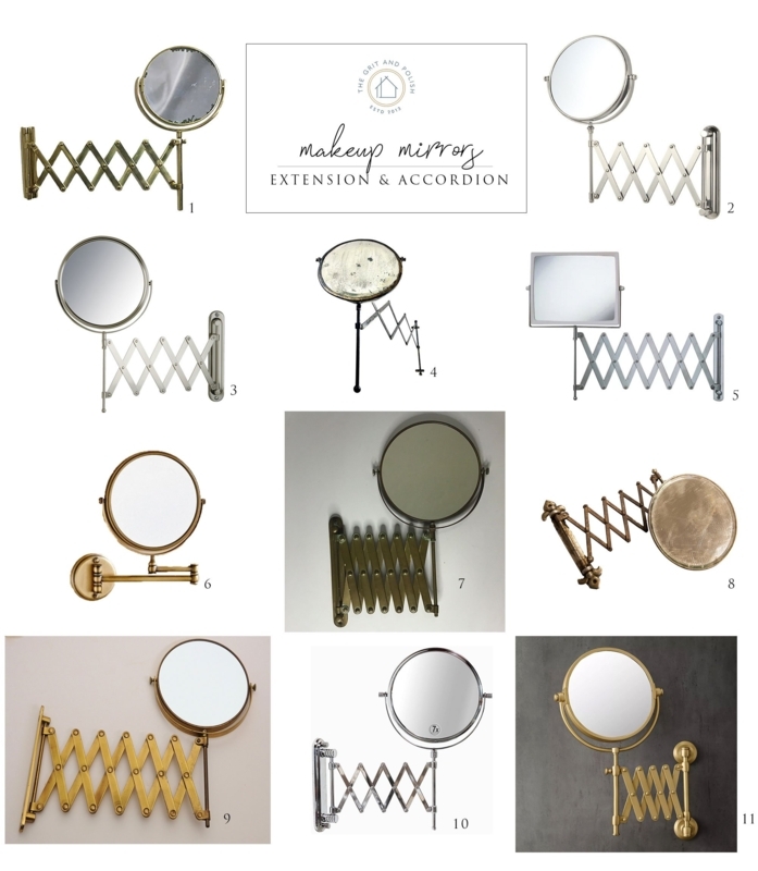Antique Brass Accordion Makeup Mirror, Extendable Wall Mount Arm