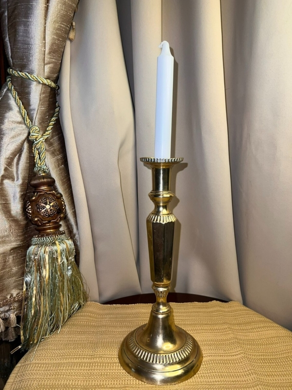 Antique Brass Candelabra with Foliate Relief and Tiered Base