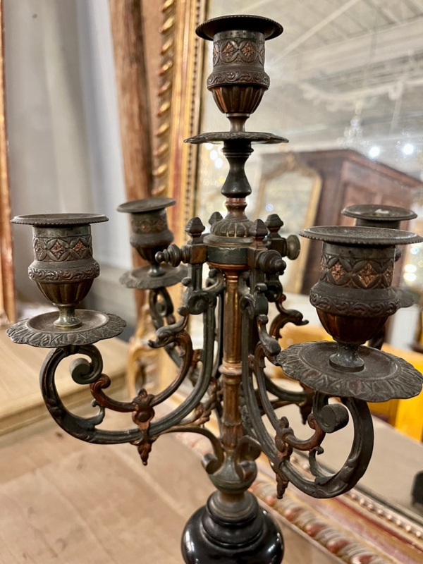 Antique Brass Five-Arm Candelabra featuring Intricate Scrollwork Details