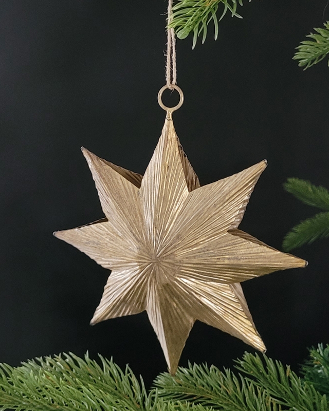 Antique Brass Star Ornament with Embossed Pattern Finish Geometric