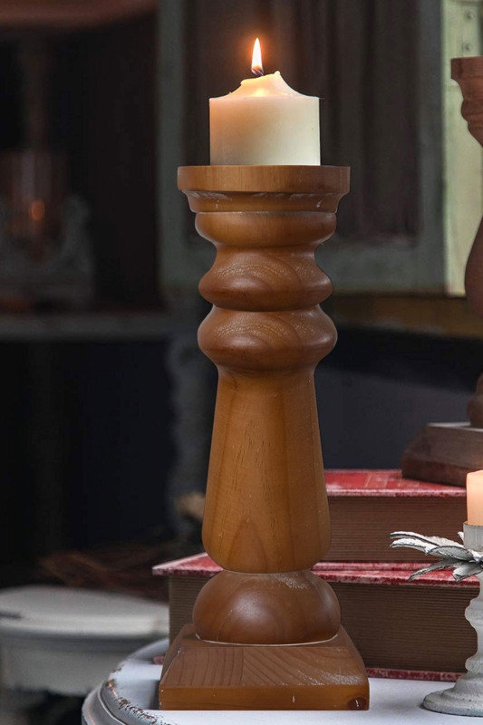 Antique Brown Pillar Candle Holder, Turned Wood Silhouette, Rustic Decor.