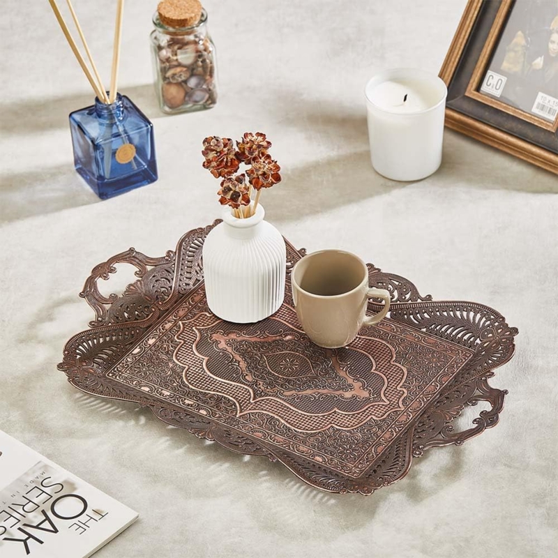 Antique Copper Serving Tray Scrollwork Handles Rectangular Engraved