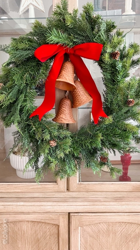 Antique Gold Bells on Evergreen Christmas Wreath