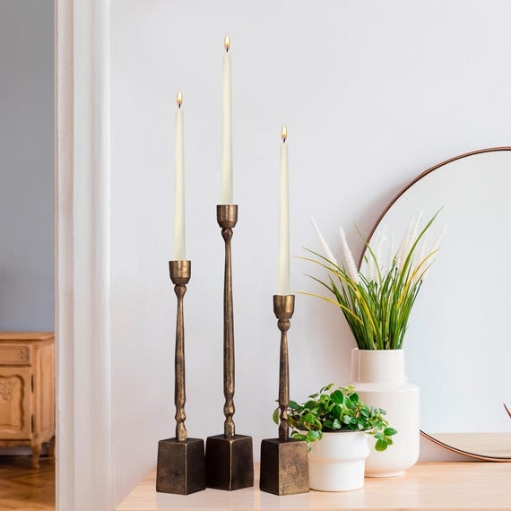 Antique Gold Spindle Candle Holder Set Graduated Farmhouse