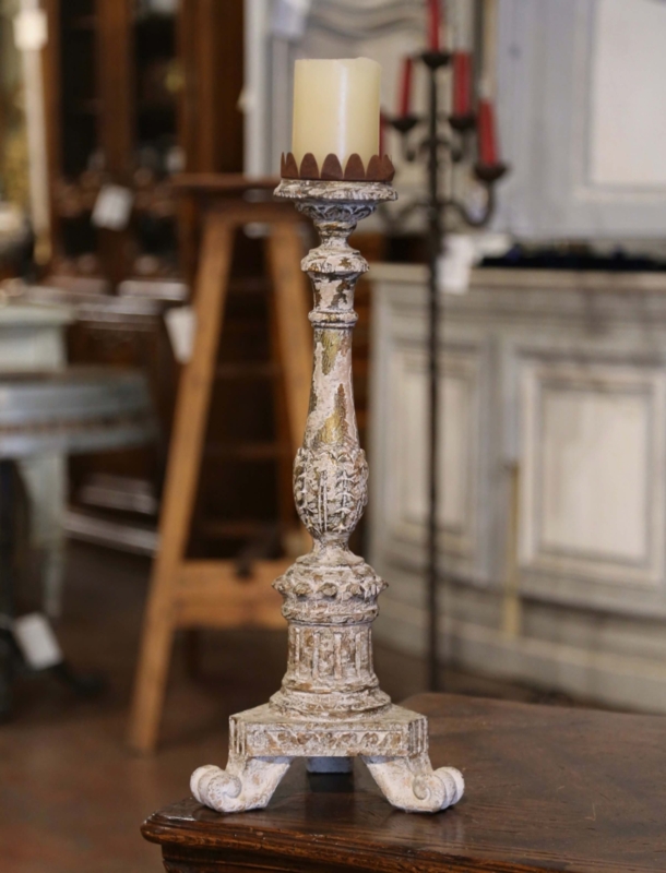 Antique Italian Carved Candlestick, Polychrome and Gilt Finish