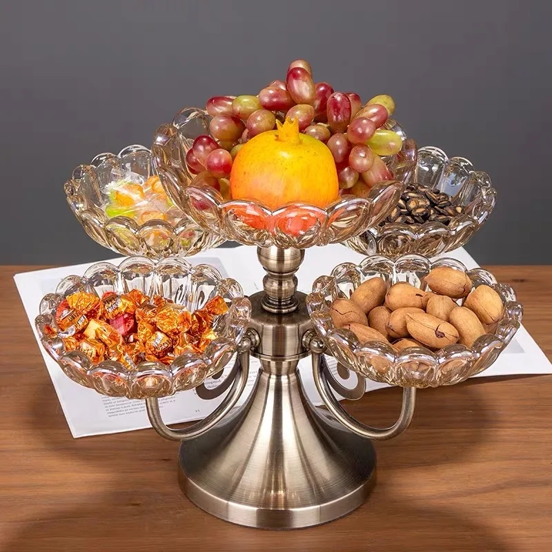 Antique Style Tiered Stand with Embossed Pattern and Scroll Handle.