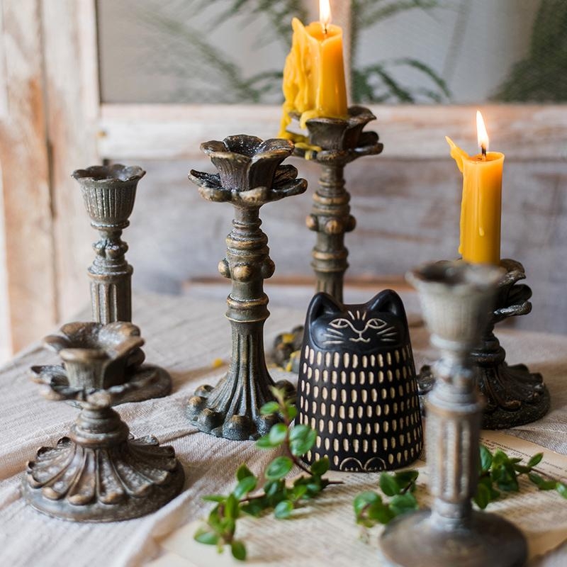 Antique Turned Pedestal Candlesticks, Heavily Distressed Finish