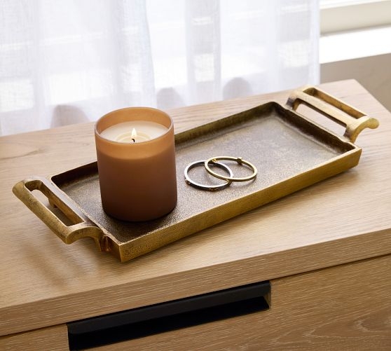 Antiqued Gold Square Decorative Tray Set with Handle Cutouts