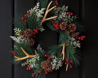 Antler Wreath Wall Decor featuring Pheasant Feathers and Cedar Sprigs