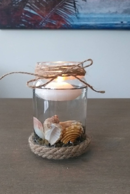 Aqua Glass Mason Jar Candle Holder with Seashell Interior Fill