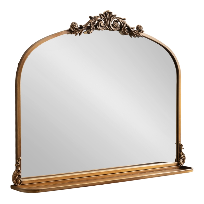 Arch Mirror: Antique Gold Finish with Integrated Shelf and Ornate Crest