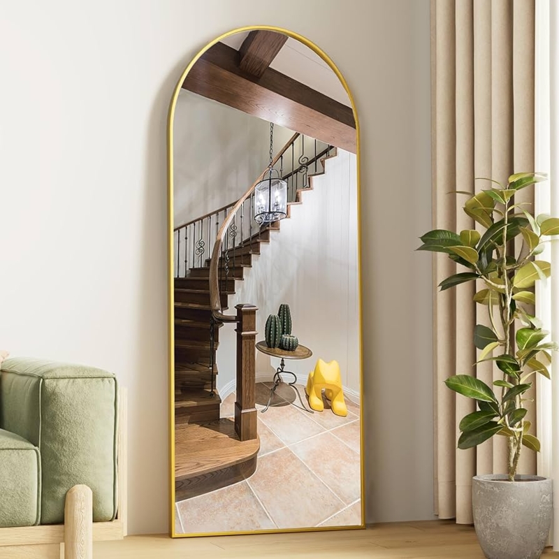 Arched Floor Mirror, Brushed Gold Ultra-Thin Frame, Freestanding