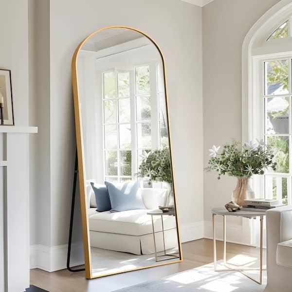 Arched Floor Mirror, Slender Gold-Toned Metal Frame, Modern Transitional