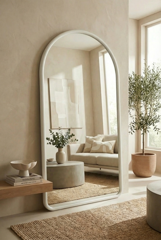 Arched Floor Mirror, Thick Textured Off-White Frame, Organic Modern Style