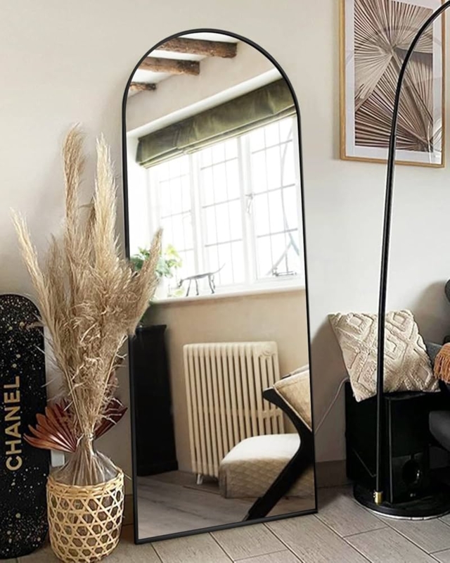 Arched Floor Mirror, Ultra-Thin Matte Bezel, Floor Stand, Japandi Style