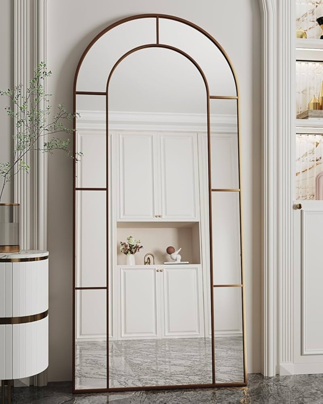 Arched Floor Mirror, Windowpane Grid, Bronze Metal, Farmhouse Style