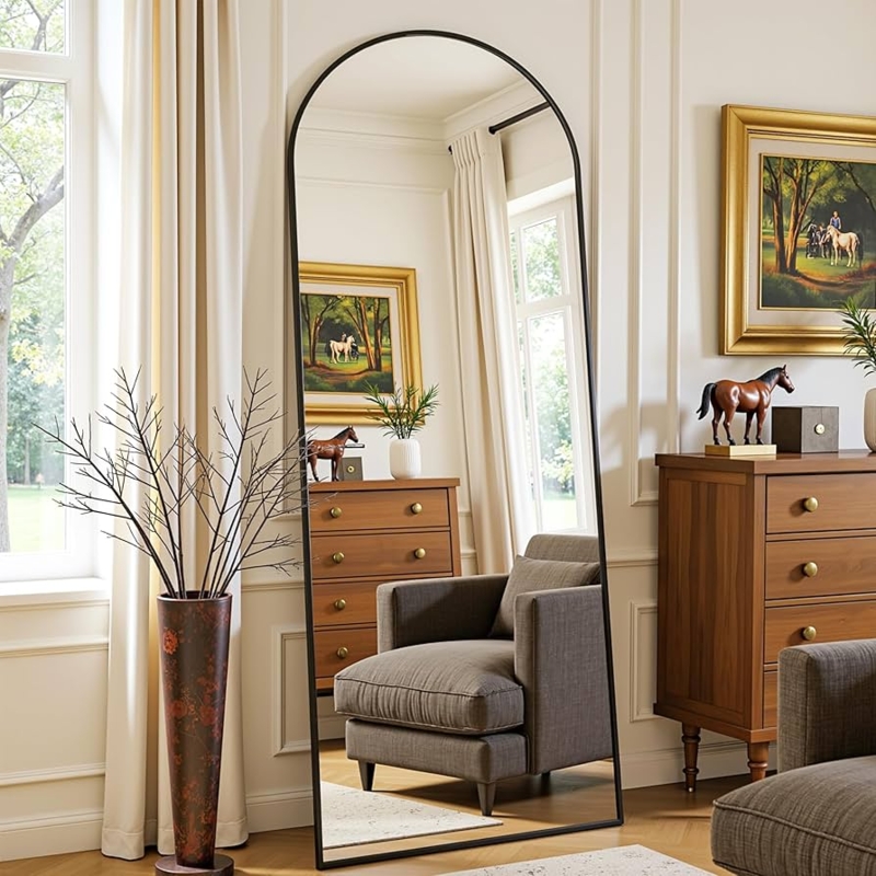 Arched Full Body Mirror with Stable Standing Design in Black