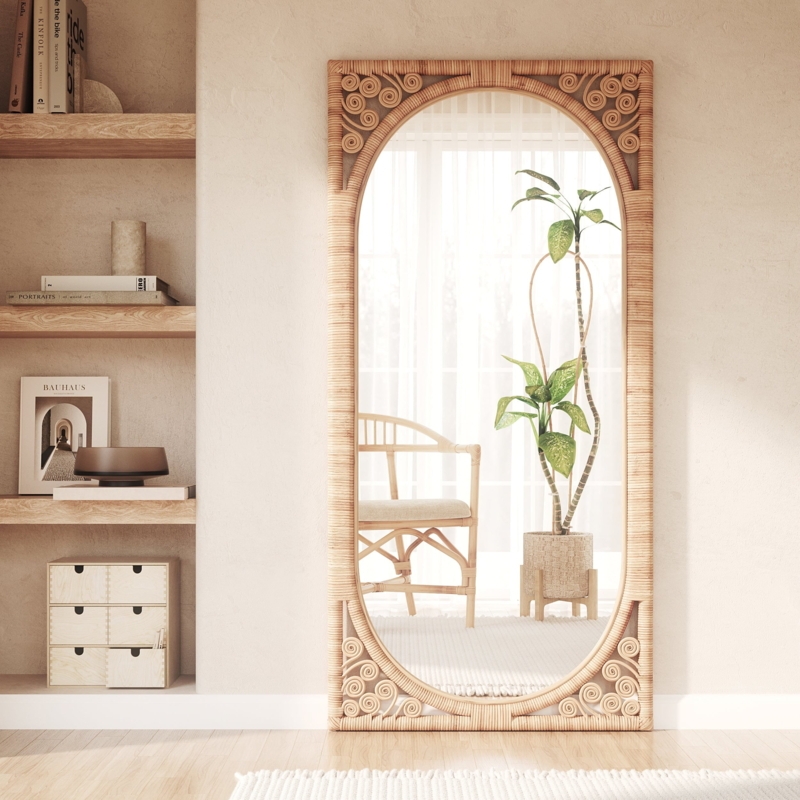 Arched Full Length Leaning Mirror with Woven Rattan Frame, Boho Style