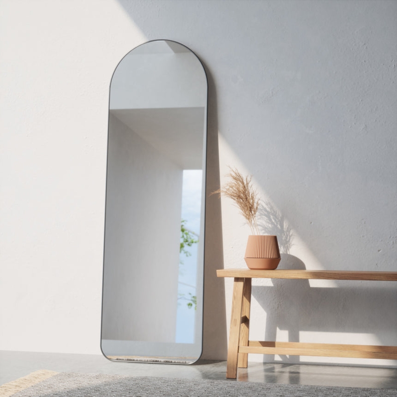 Arched Leaning Mirror in Modern Metallic Titanium Finish