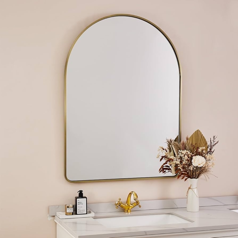 Arched Mirror Brushed Brass Finish Deep Set Recess Rounded Corners Bathroom
