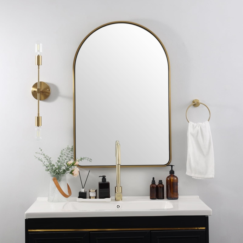 Arched Mirror Gold Frame Navy Vanity Contrast Modern Bathroom