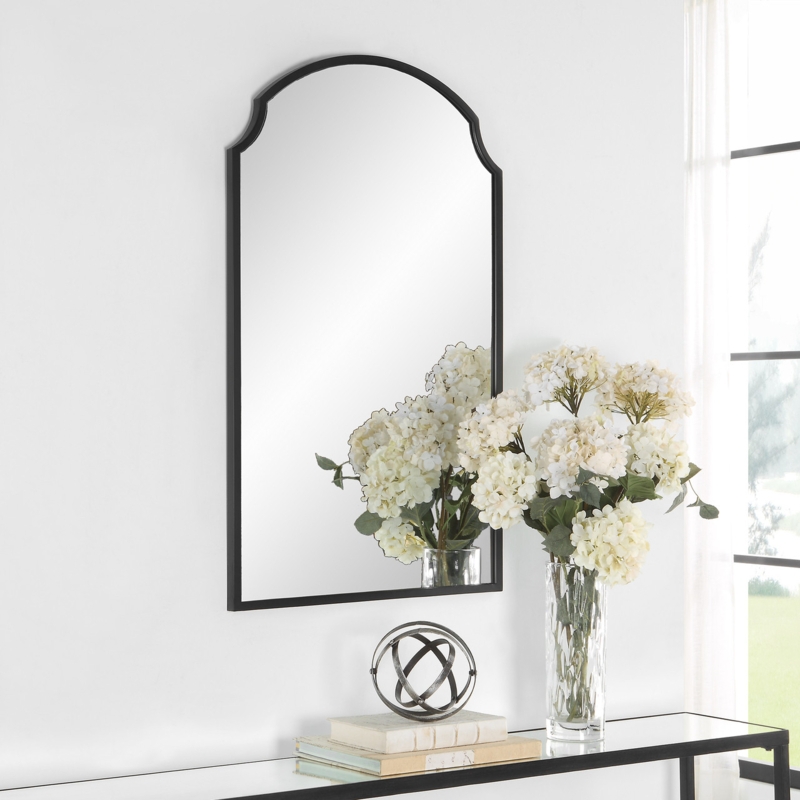 Arched Mirror: Satin Black Finish Leaning Floor Design Transitional Style