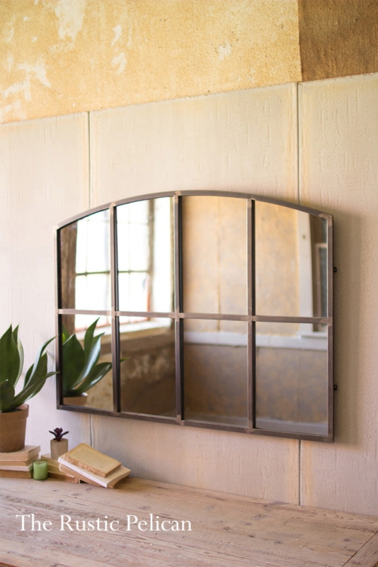 Arched Mirror Windowpane Silhouette Chipped Whitewash Finish Rustic