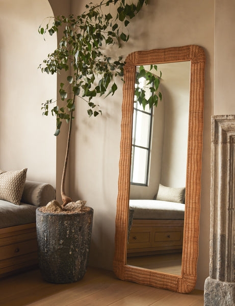 Arched Rattan Floor Mirror with Woven Braided Frame for Bohemian Decor