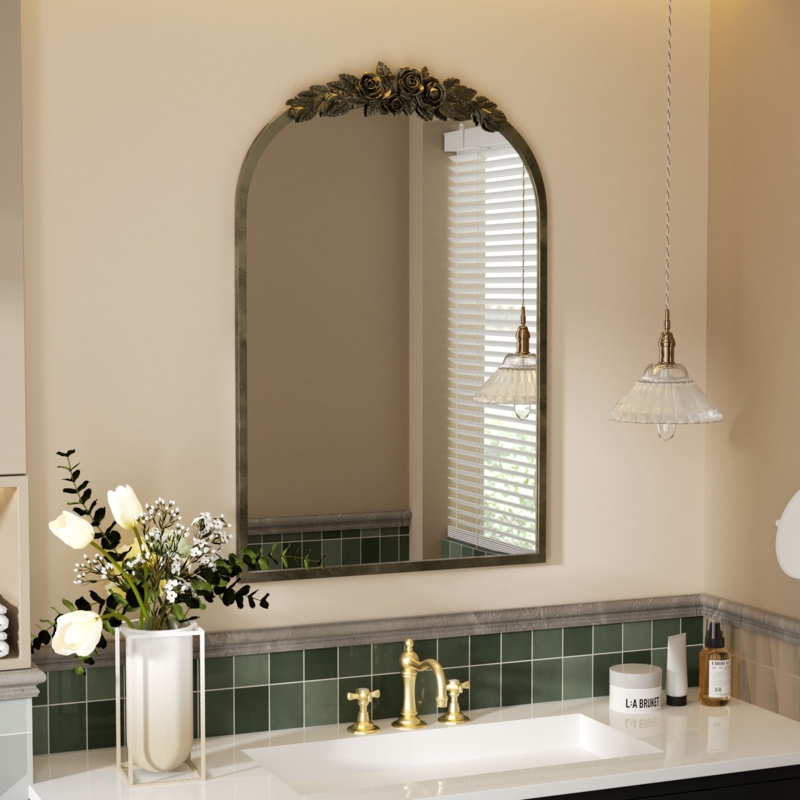 Arched Wall Mirror Antique Brass Finish Thin Frame Minimalist Entryway