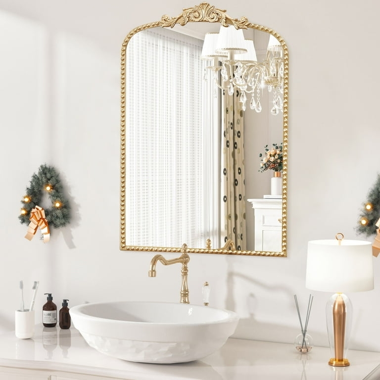 Arched Wall Mirror Baroque Style Gold Beaded Frame Elegant